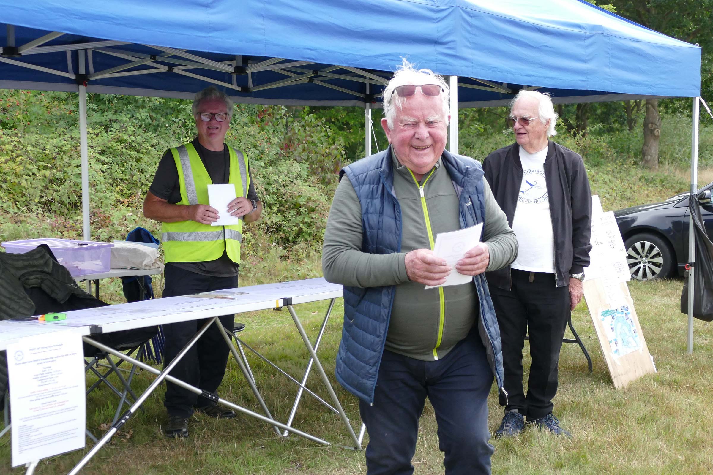 Our regular visitor from New Zealand Ricky Bould looks pleased with his 2nd place flying his Piper Cub in Open Rubber/Co2/Electric kit Scale at the 2025 Flying Aces.